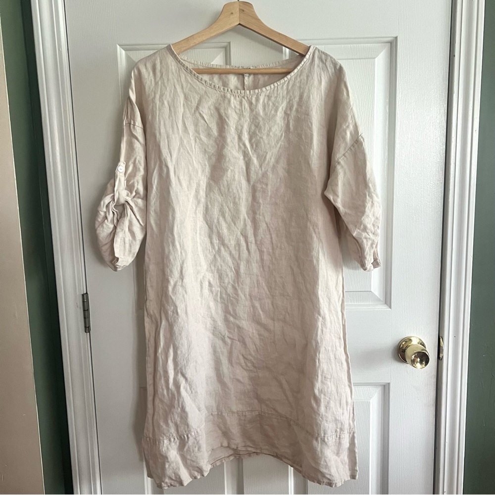 Made in Italy Beige 100% Linen Dress Size Large Rosemarine Lagenlook Minimalist